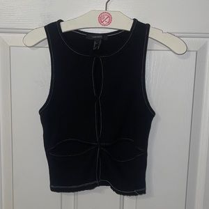 Crop top with cut out, size S, black with white stitching